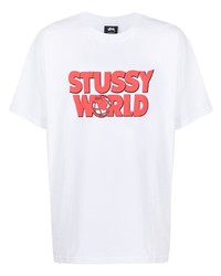 weißes und rotes bedrucktes T-Shirt mit einem Rundhalsausschnitt von Stussy