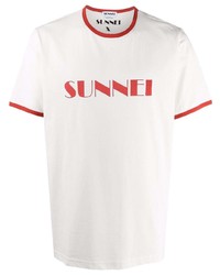 weißes und rotes bedrucktes T-Shirt mit einem Rundhalsausschnitt von Sunnei
