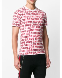weißes und rotes bedrucktes T-Shirt mit einem Rundhalsausschnitt von Love Moschino