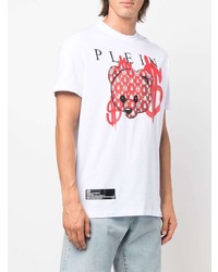 weißes und rotes bedrucktes T-Shirt mit einem Rundhalsausschnitt von Philipp Plein