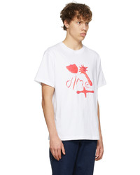 weißes und rotes bedrucktes T-Shirt mit einem Rundhalsausschnitt von Dime