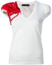 weißes und rotes bedrucktes T-Shirt mit einem V-Ausschnitt von Dsquared2