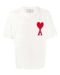 weißes und rotes besticktes T-Shirt mit einem Rundhalsausschnitt von Ami Paris