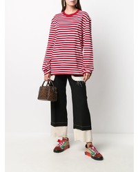 weißes und rotes horizontal gestreiftes Langarmshirt von MAISON KITSUNÉ