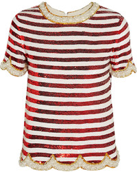 weißes und rotes horizontal gestreiftes T-Shirt mit einem Rundhalsausschnitt von Ashish