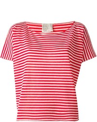 weißes und rotes horizontal gestreiftes T-Shirt mit einem Rundhalsausschnitt von Forte Forte