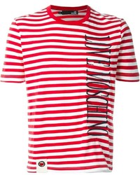 weißes und rotes horizontal gestreiftes T-Shirt mit einem Rundhalsausschnitt von Love Moschino