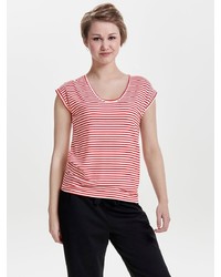 weißes und rotes horizontal gestreiftes T-Shirt mit einem Rundhalsausschnitt von Only