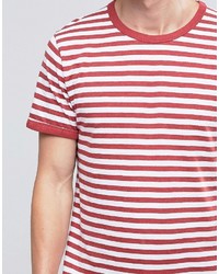 weißes und rotes horizontal gestreiftes T-Shirt mit einem Rundhalsausschnitt von Selected