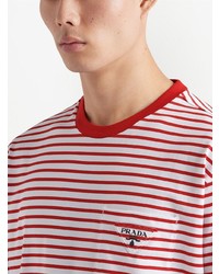 weißes und rotes horizontal gestreiftes T-Shirt mit einem Rundhalsausschnitt von Prada