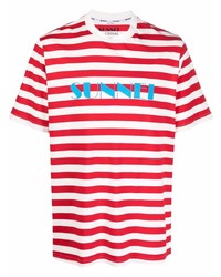 weißes und rotes horizontal gestreiftes T-Shirt mit einem Rundhalsausschnitt von Sunnei