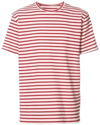 weißes und rotes horizontal gestreiftes T-Shirt mit einem Rundhalsausschnitt