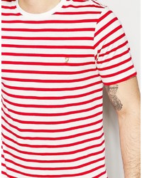weißes und rotes horizontal gestreiftes T-Shirt mit einem Rundhalsausschnitt von Farah