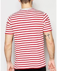 weißes und rotes horizontal gestreiftes T-Shirt mit einem Rundhalsausschnitt von Farah