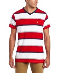 weißes und rotes horizontal gestreiftes T-Shirt mit einem V-Ausschnitt