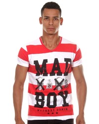 weißes und rotes horizontal gestreiftes T-Shirt mit einem V-Ausschnitt von MADMEXT
