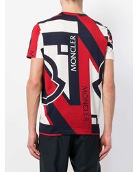 weißes und rotes und dunkelblaues bedrucktes T-Shirt mit einem Rundhalsausschnitt von Moncler