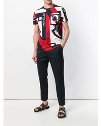weißes und rotes und dunkelblaues bedrucktes T-Shirt mit einem Rundhalsausschnitt von Moncler