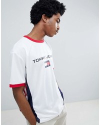 weißes und rotes und dunkelblaues bedrucktes T-Shirt mit einem Rundhalsausschnitt von Tommy Jeans