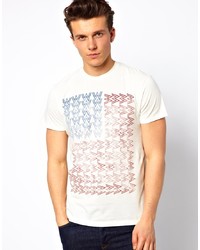 weißes und rotes und dunkelblaues bedrucktes T-Shirt mit einem Rundhalsausschnitt von Wrangler