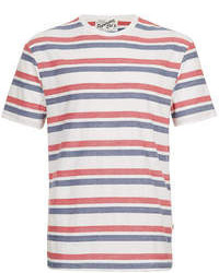 weißes und rotes und dunkelblaues horizontal gestreiftes T-Shirt mit einem Rundhalsausschnitt