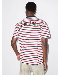 weißes und rotes und dunkelblaues horizontal gestreiftes T-Shirt mit einem Rundhalsausschnitt von Palm Angels
