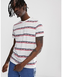weißes und rotes und dunkelblaues horizontal gestreiftes T-Shirt mit einem Rundhalsausschnitt von Levi's