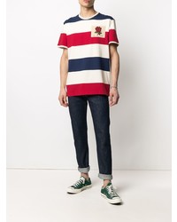 weißes und rotes und dunkelblaues horizontal gestreiftes T-Shirt mit einem Rundhalsausschnitt von Kent & Curwen