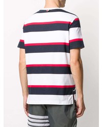 weißes und rotes und dunkelblaues horizontal gestreiftes T-Shirt mit einem Rundhalsausschnitt von Thom Browne