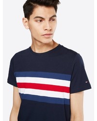 weißes und rotes und dunkelblaues horizontal gestreiftes T-Shirt mit einem Rundhalsausschnitt von Tommy Hilfiger