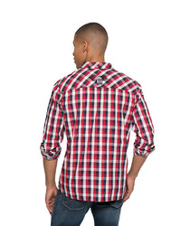 weißes und rotes und dunkelblaues Langarmhemd mit Vichy-Muster