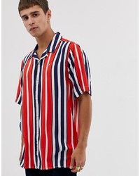weißes und rotes und dunkelblaues vertikal gestreiftes Kurzarmhemd von Tommy Jeans