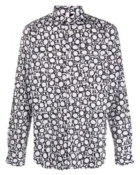 weißes und schwarzes bedrucktes Langarmhemd von Black Comme Des Garçons
