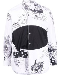 weißes und schwarzes bedrucktes Langarmhemd von Comme Des Garcons SHIRT