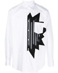 weißes und schwarzes bedrucktes Langarmhemd von Comme Des Garcons SHIRT