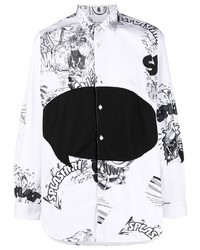 weißes und schwarzes bedrucktes Langarmhemd von Comme Des Garcons SHIRT