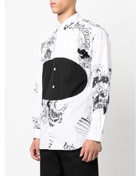 weißes und schwarzes bedrucktes Langarmhemd von Comme Des Garcons SHIRT