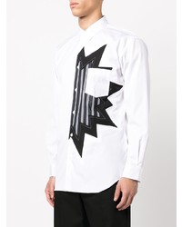 weißes und schwarzes bedrucktes Langarmhemd von Comme Des Garcons SHIRT