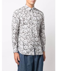 weißes und schwarzes bedrucktes Langarmhemd von Comme Des Garcons SHIRT