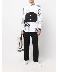 weißes und schwarzes bedrucktes Langarmhemd von Comme Des Garcons SHIRT