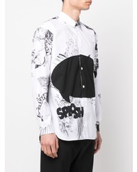 weißes und schwarzes bedrucktes Langarmhemd von Comme Des Garcons SHIRT