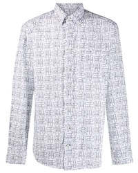 weißes und schwarzes bedrucktes Langarmhemd von Gitman Vintage