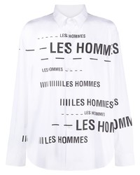 weißes und schwarzes bedrucktes Langarmhemd von Les Hommes