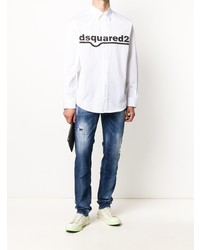 weißes und schwarzes bedrucktes Langarmhemd von DSQUARED2