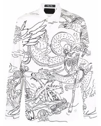 weißes und schwarzes bedrucktes Langarmhemd von Philipp Plein
