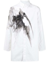 weißes und schwarzes bedrucktes Langarmhemd von Yohji Yamamoto