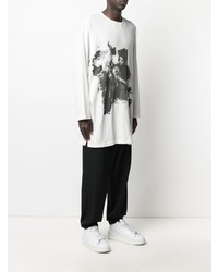 weißes und schwarzes bedrucktes Langarmshirt von Yohji Yamamoto