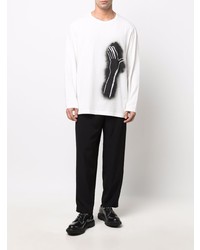 weißes und schwarzes bedrucktes Langarmshirt von Yohji Yamamoto