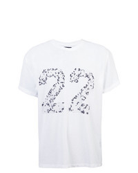 weißes und schwarzes bedrucktes T-Shirt mit einem Rundhalsausschnitt aus Netzstoff