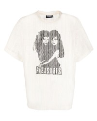 weißes und schwarzes bedrucktes T-Shirt mit einem Rundhalsausschnitt aus Netzstoff von Pleasures